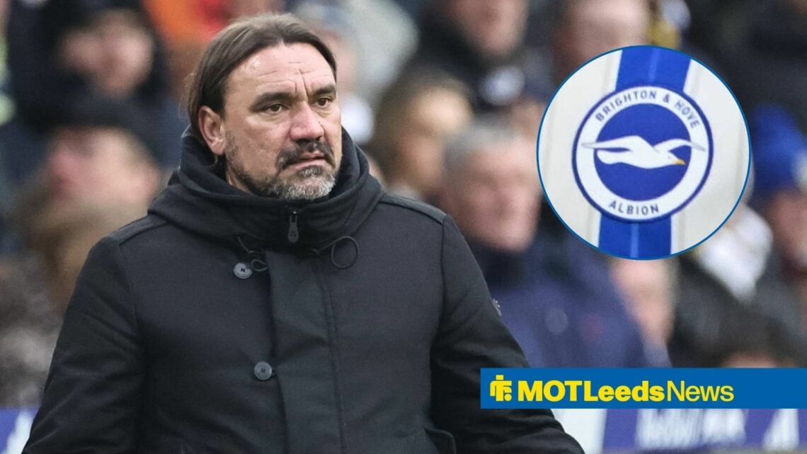 Leeds boss Daniel Farke looking concerned, Brighton badge in inset.