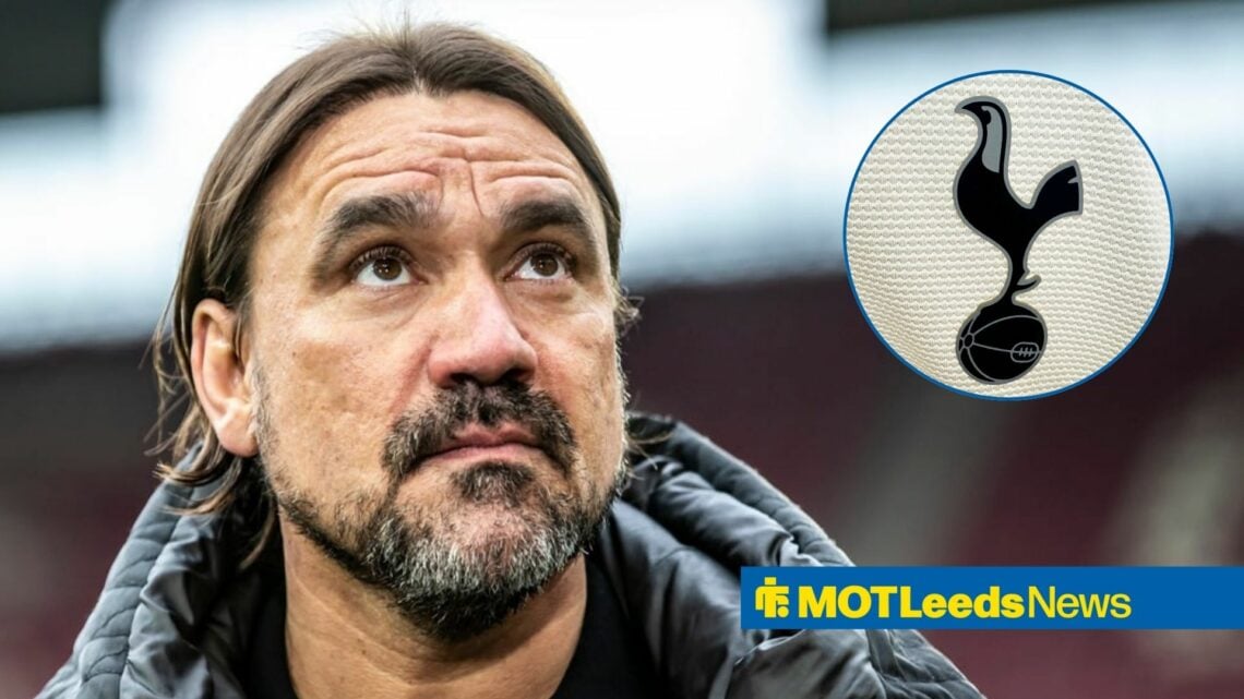 Daniel Farke looking upward, with Tottenham badge in circular inset,