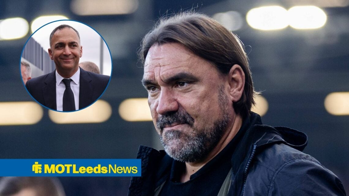 Leeds boss Daniel Farke looking happy, Paraag Marathe in inset.
