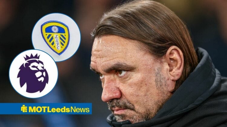 Daniel Farke looking angry, Leeds United and Premier League badges in insets.