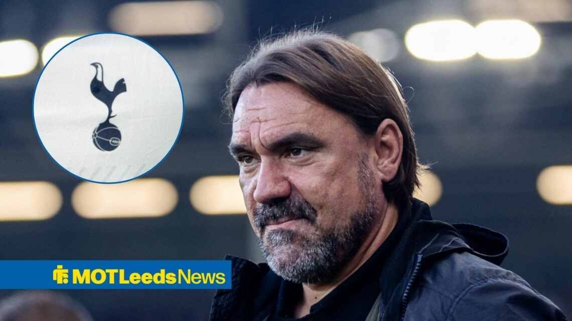 Leeds boss Daniel Farke looking neutral, Tottenham badge in inset.