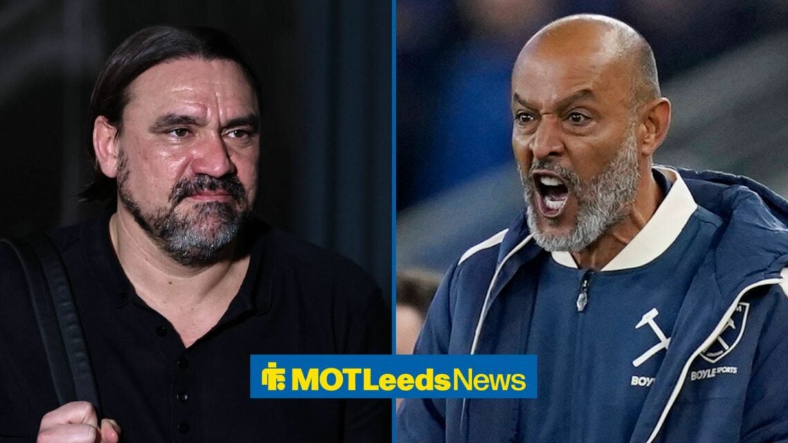 Leeds United boss Daniel Farke looking relaxed, Nuno Espirito Santo looking angry in inset.
