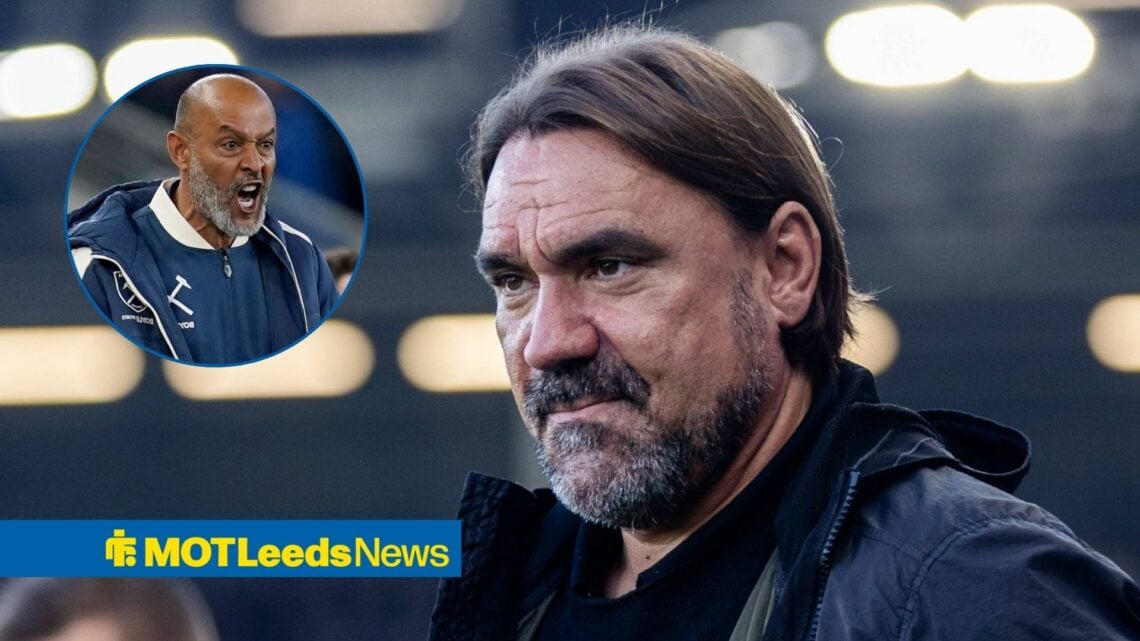Leeds United boss Daniel Farke happy, Nuno Espirito Santo looking angry.