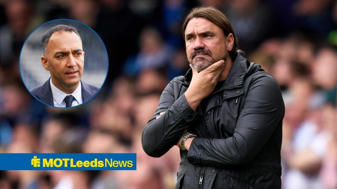 Leeds United manager Daniel Farke places his hand on his chin as he looks across towards a circular inset, where chairman Paraag Marathe watches on...