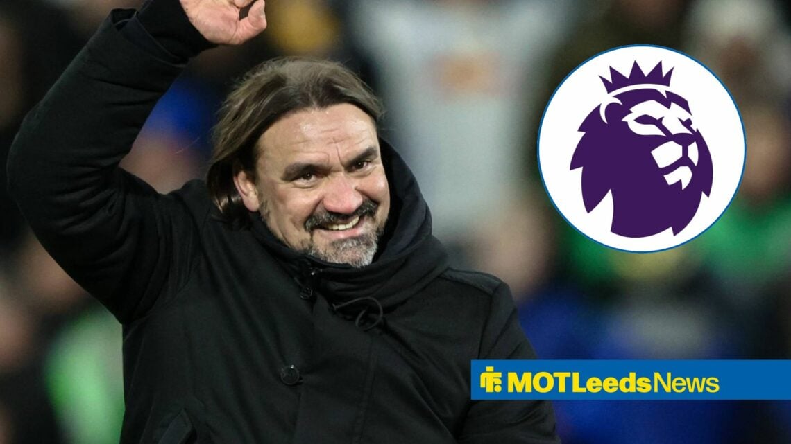 Leeds United manager Daniel Farke smiles and punches the air as the Premier League crest features in a circular inset.