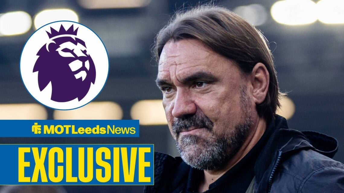 MOT Leeds News exclusive as Leeds United manager Daniel Farke stares towards a circular inset, which features the Premier League crest.