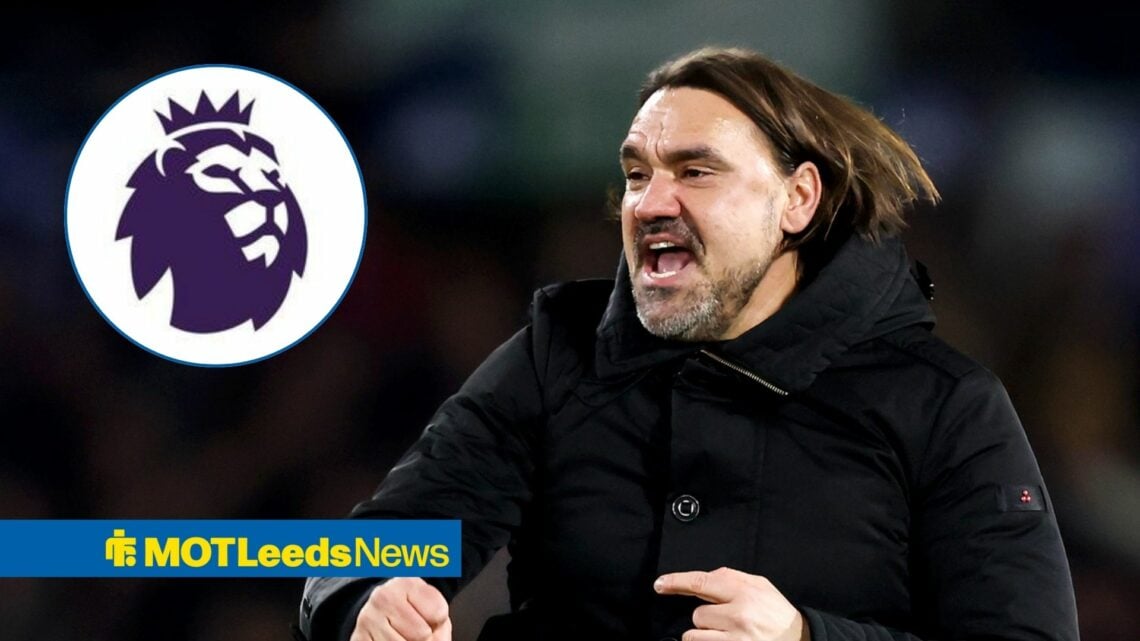 Leeds manager Daniel Farke looking ecstatic, Premier League badge in inset.