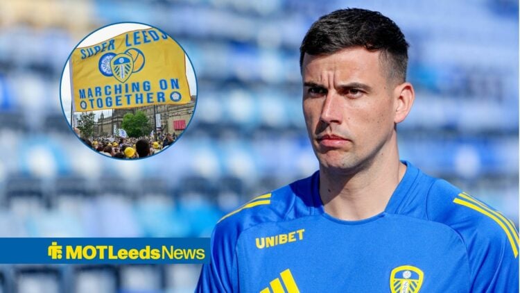 Karl Darlow with Leeds fans in left circular inset