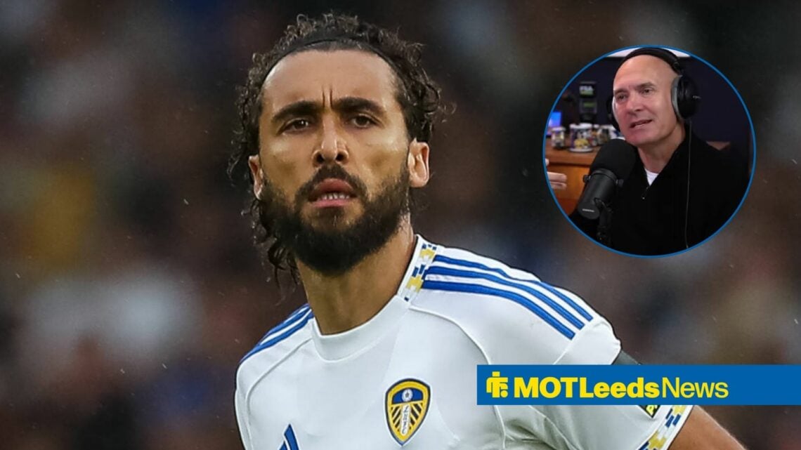 Dominic Calvert-Lewin in Leeds home shirt with Tony Dorigo in circular inset