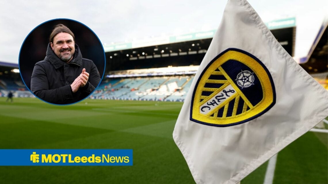 Elland Road with close-up of corner flag and Daniel Farke in circular inset