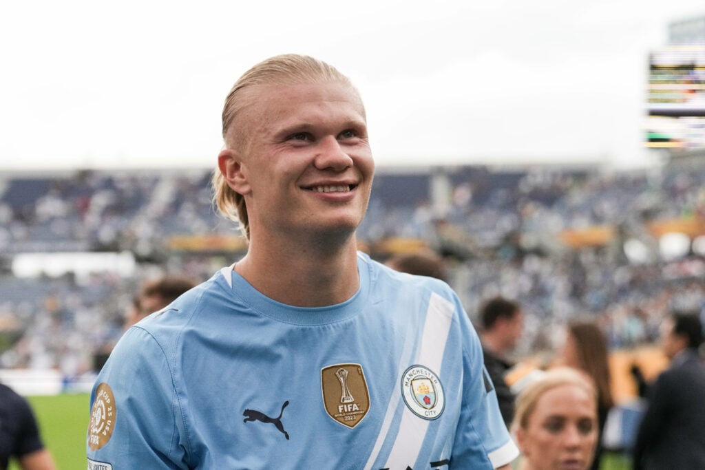 Manchester City star Erling Haaland smiles after a game in the Club World Cup.