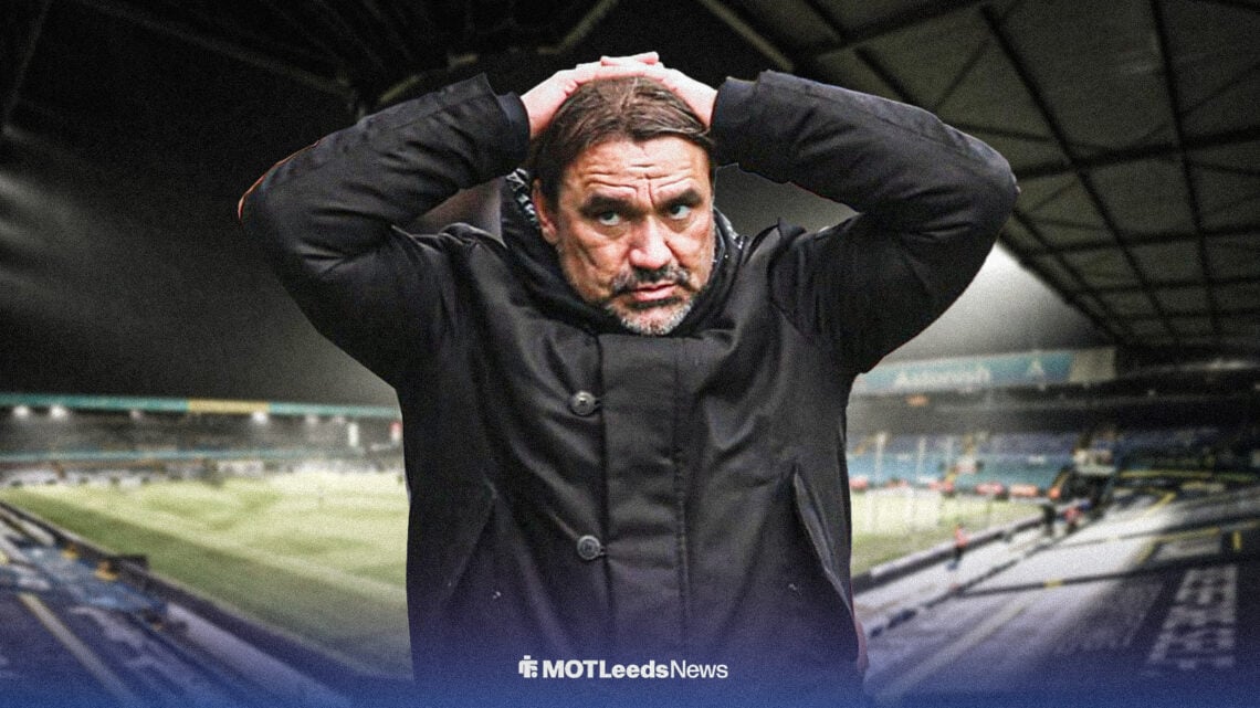 Daniel Farke with his hands on his head, with Elland Road in the background