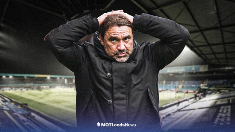 Daniel Farke with his hands on his head, with Elland Road in the background