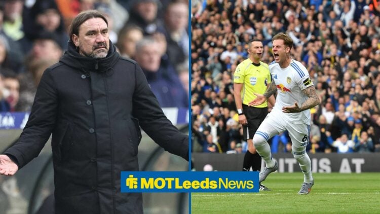 Daniel Farke in left inset with Joe Rodon in right inset