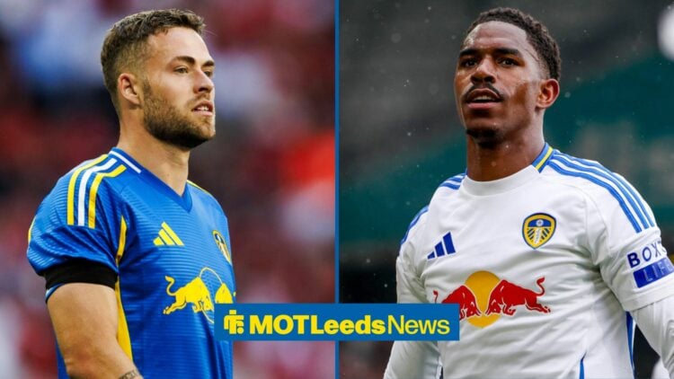 A split image as Leeds United defender Gabriel Gudmundsson stares across at ex-Leeds man Junior Firpo, who is in action during a game.