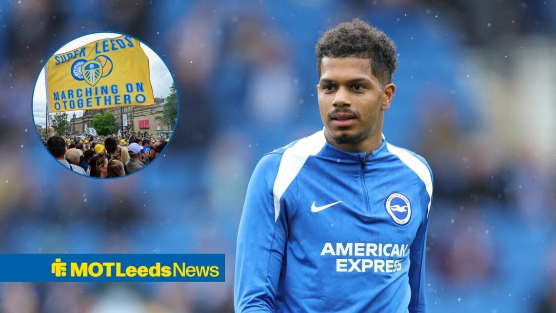 Georginio Rutter in Brighton training gear, Leeds fans in inset.