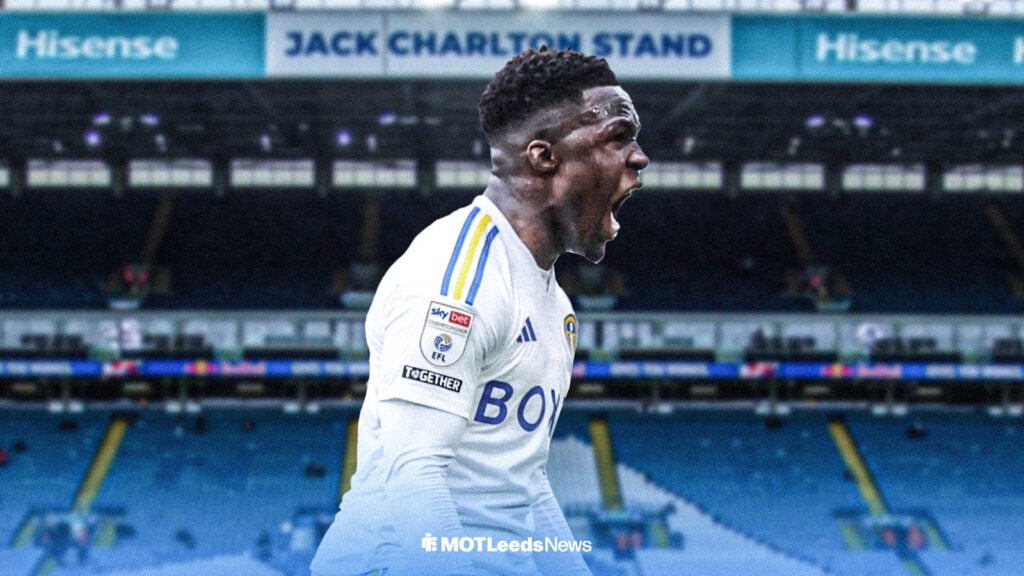 Willy Gnonto celebrating with Elland Road in background