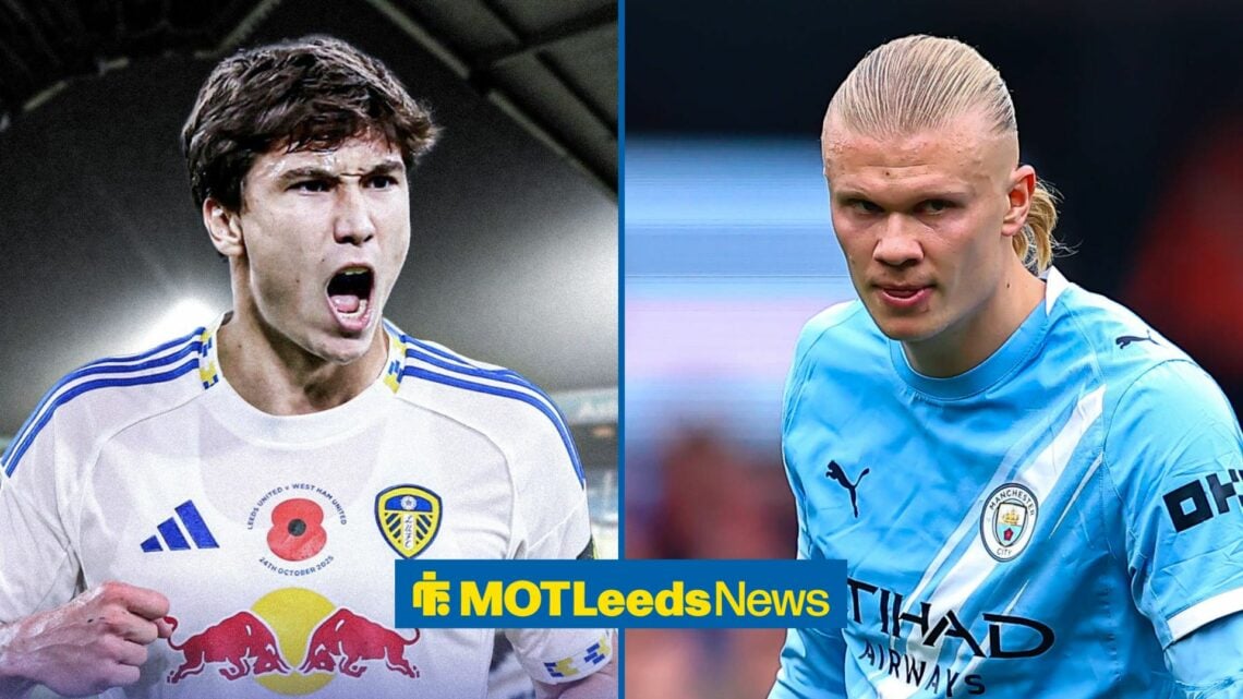A split image as Leeds-linked striker Gonzalo Garcia celebrates at Elland Road in the left half, as Manchester City striker Erling Haaland glares a...
