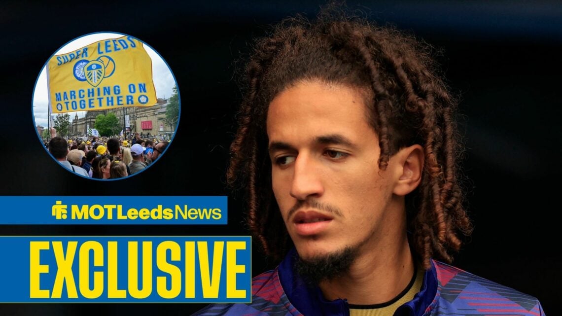 Burnley midfielder Hannibal Mejbri looking confused, Leeds United fans in inset.