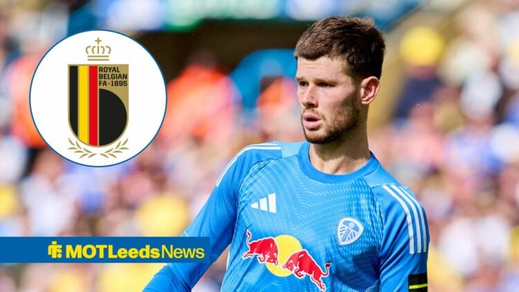 Leeds stopper Illan Meslier looking concerned, Belgian FA badge in inset.