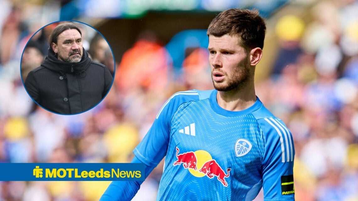 Leeds United ace Illan Meslier looking concerned, Daniel Farke looking upset in inset.