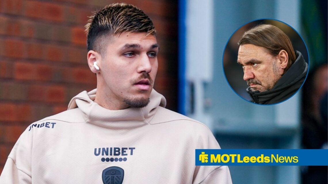 Leeds United star Joel Piroe glances across nervously towards manager Daniel Farke, who meets his gaze in a circular inset.
