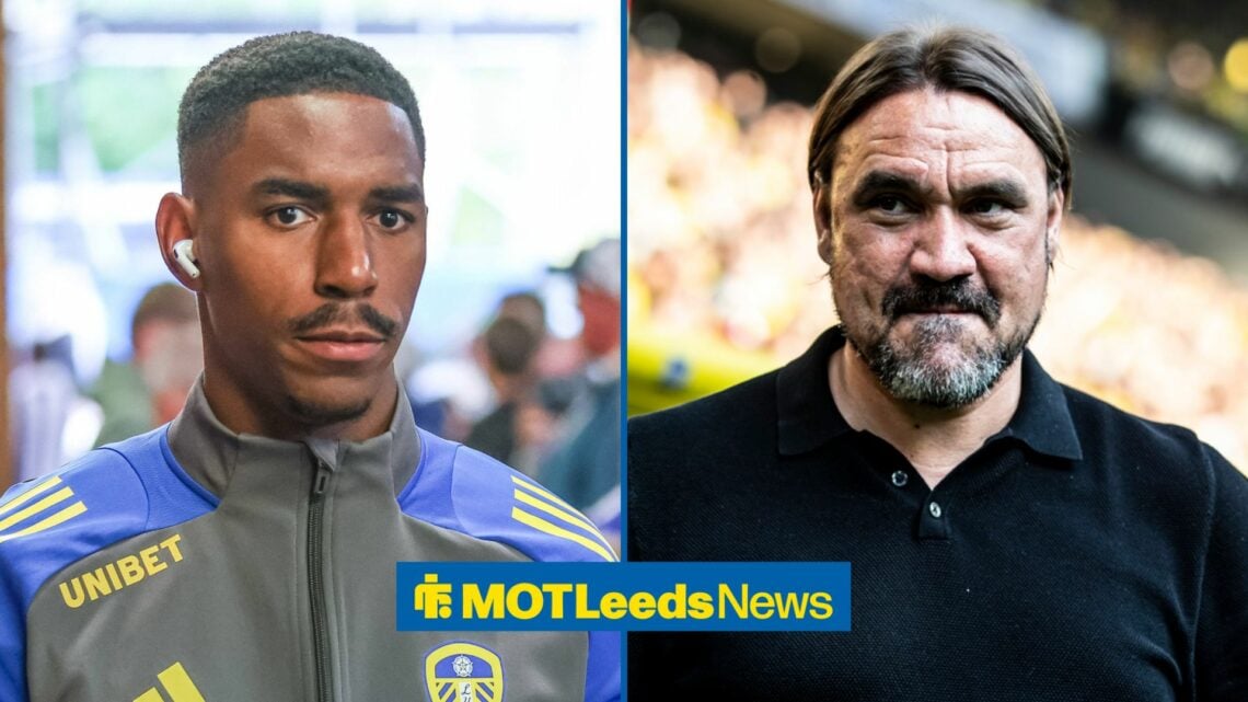 A split image as former Leeds defender Junior Firpo stands looking concerned on the left side, while Leeds manager Daniel Farke smirks on the right...