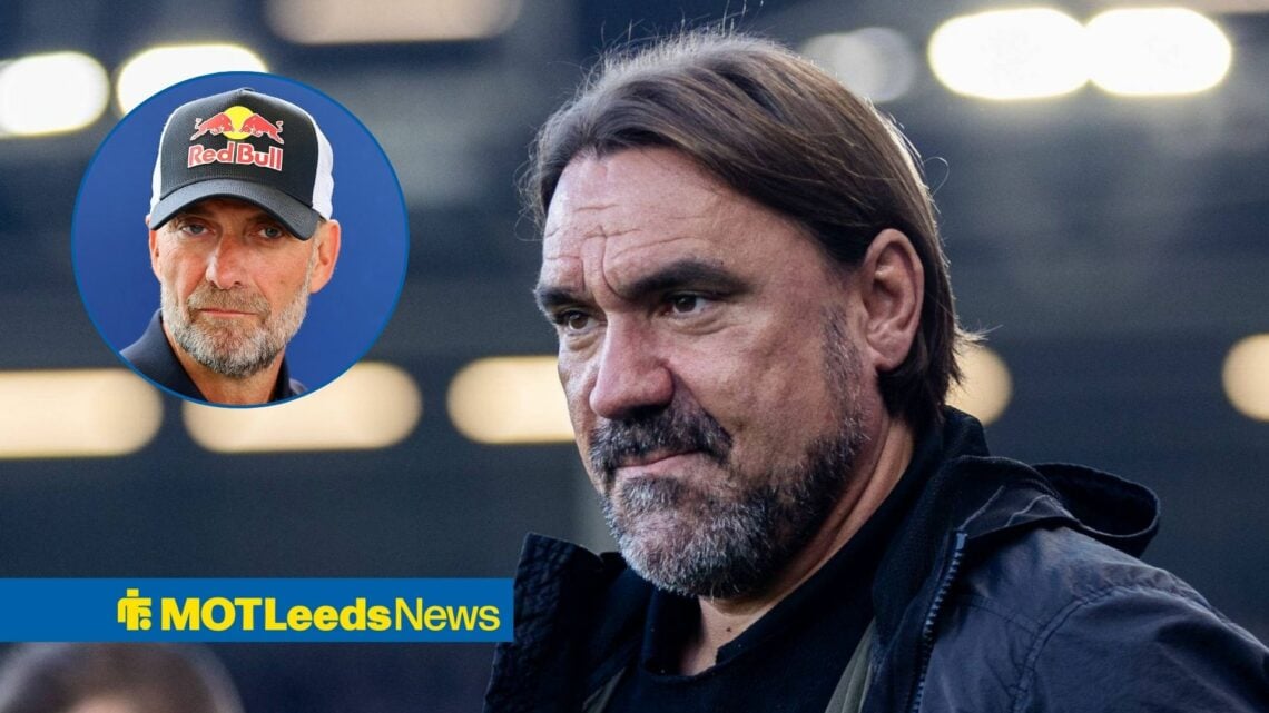 Leeds boss Daniel Farke looking happy, Jurgen Klopp in inset.