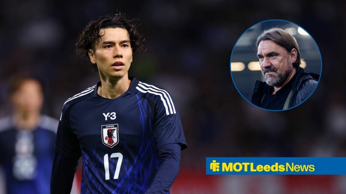 Leeds star Ao Tanaka in international action for Japan, Daniel Farke in inset.