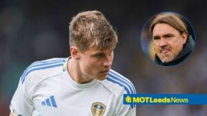Leeds United defender Jaka Bijol and Daniel Farke in circular inset