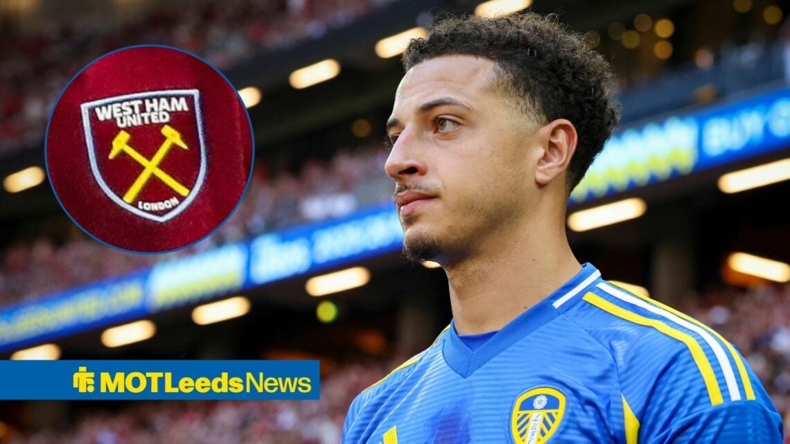 Leeds star Ethan Ampadu looking upset, West Ham badge in inset.