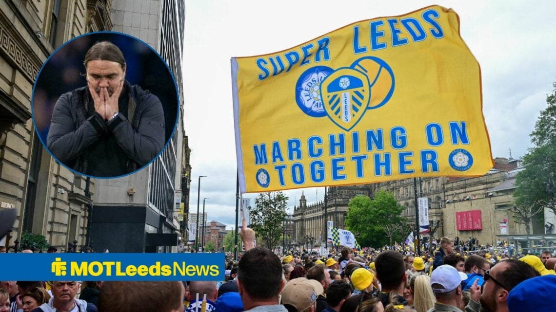 Leeds United fans wave a flag during a celebratory parade, as manager Daniel Farke has his head in his hands in a circular inset.