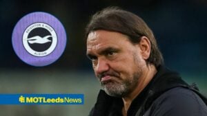 Leeds United manager Daniel Farke and Brighton badge in circular inset