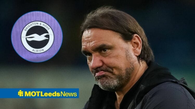 Leeds United manager Daniel Farke and Brighton badge in circular inset