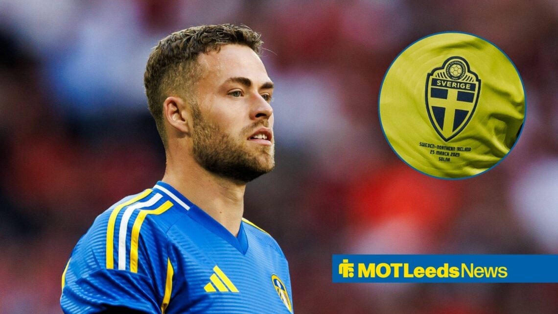 Leeds United defender Gabriel Gudmundsson and Sweden badge in circular inset