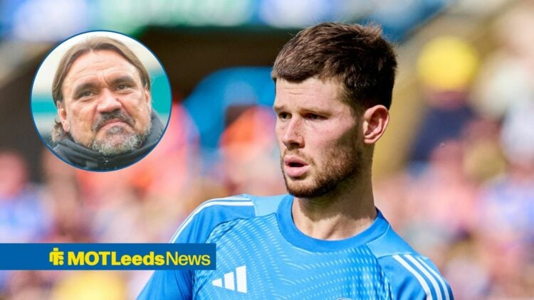 Leeds United goalkeeper Illan Meslier and Daniel Farke in circular inset