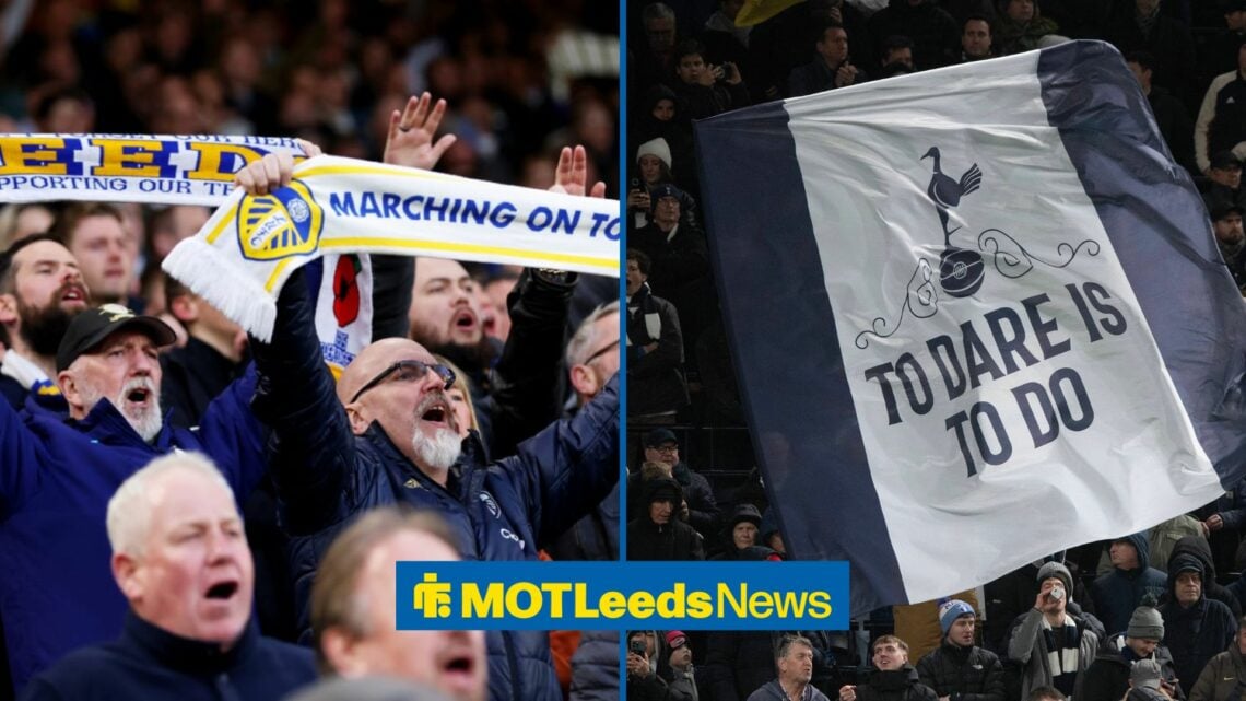 Leeds fans in left inset with Spurs flag in right inset