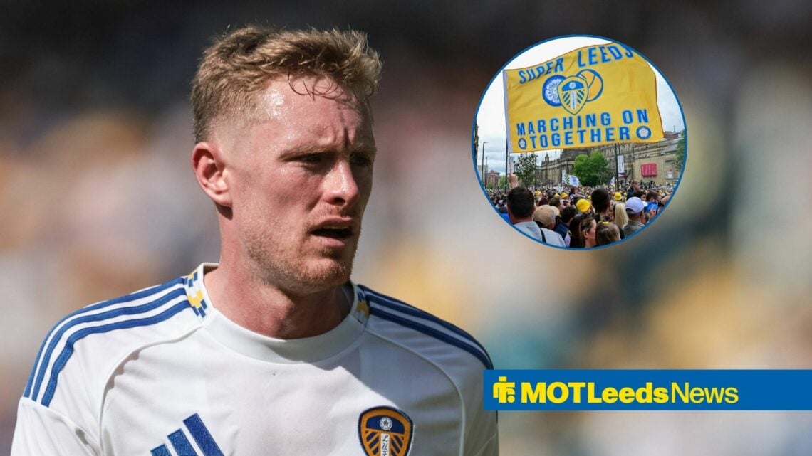 Sean Longstaff with Leeds fans in right circular inset