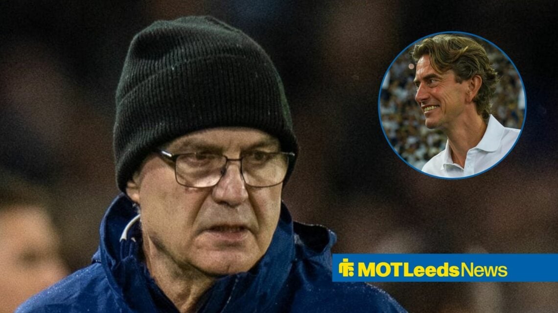 Marcelo Bielsa with a warm hat on, with Thomas Frank in a circular frame