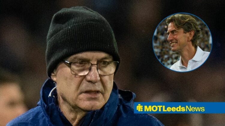 Marcelo Bielsa with a warm hat on, with Thomas Frank in a circular frame