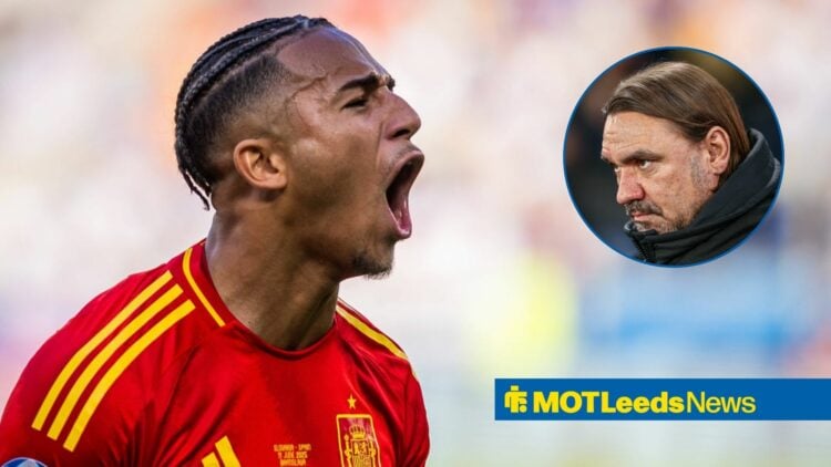 Mateo Joseph shouts while celebrating a goal for Spain U21s, as Leeds United manager Daniel Farke glances across concernedly from a circular inset.