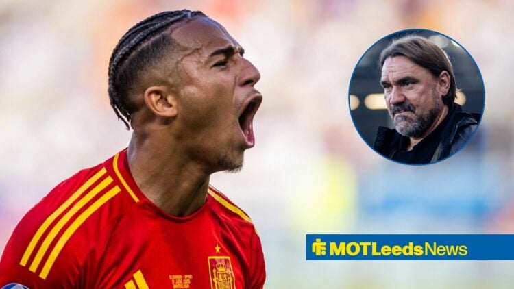 Mateo Joseph shouts in the direction of a circular inset, where Leeds United manager Daniel Farke stares back at him solemnly.