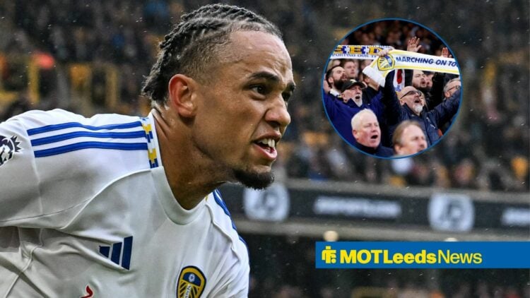 Noah Okafor in action, with Leeds fans in a circular frame