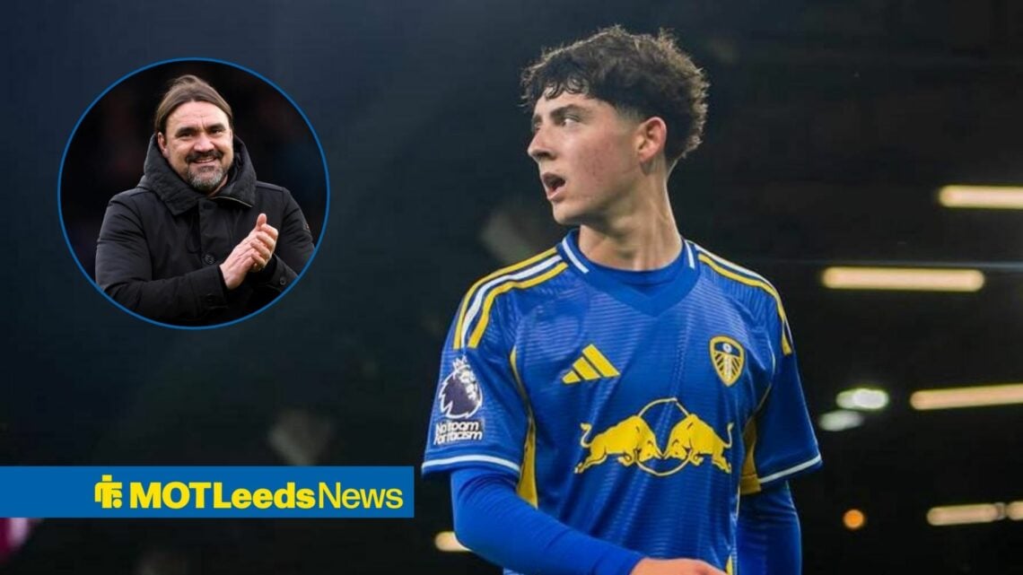 Ollie Pickles in blue Leeds away shirt with Daniel Farke in circular inset