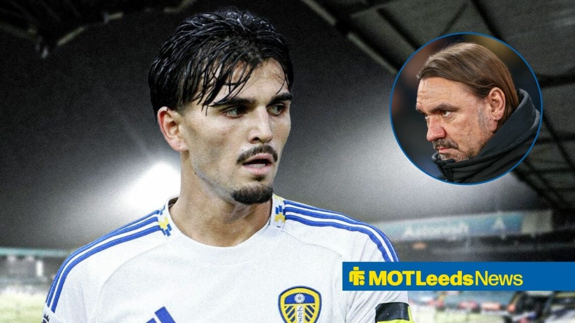 Leeds United star Pascal Struijk stares across towards a circular inset, where manager Daniel Farke meets his gaze.