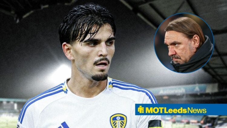 Leeds United star Pascal Struijk stares across towards a circular inset, where manager Daniel Farke meets his gaze.