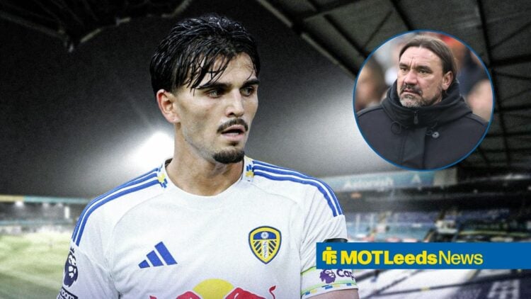 Pascal Struijk looking sad, Leeds manager Daniel Farke in inset.
