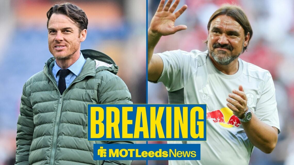 Breaking news as Burnley manager Scott parker smiles in the left half of the image, as Leeds boss Daniel Farke waves across from the right half.