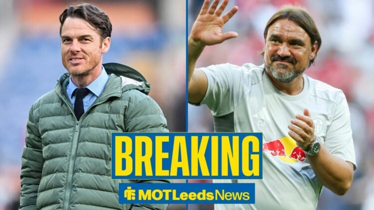 Breaking news as Burnley manager Scott parker smiles in the left half of the image, as Leeds boss Daniel Farke waves across from the right half.