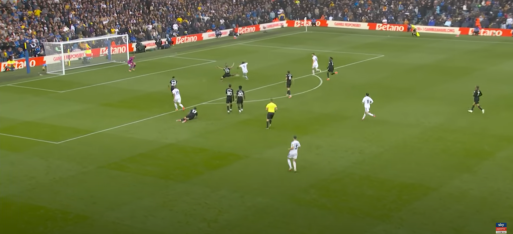 Leeds striker Dominic Calvert-Lewin fires straight at Vicario against Tottenham